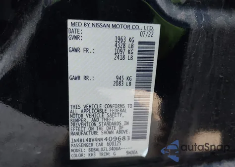 2022 Nissan Altima S Fwd z USA, uszkodzony, nr VIN 1N4BL4BV4NN409683